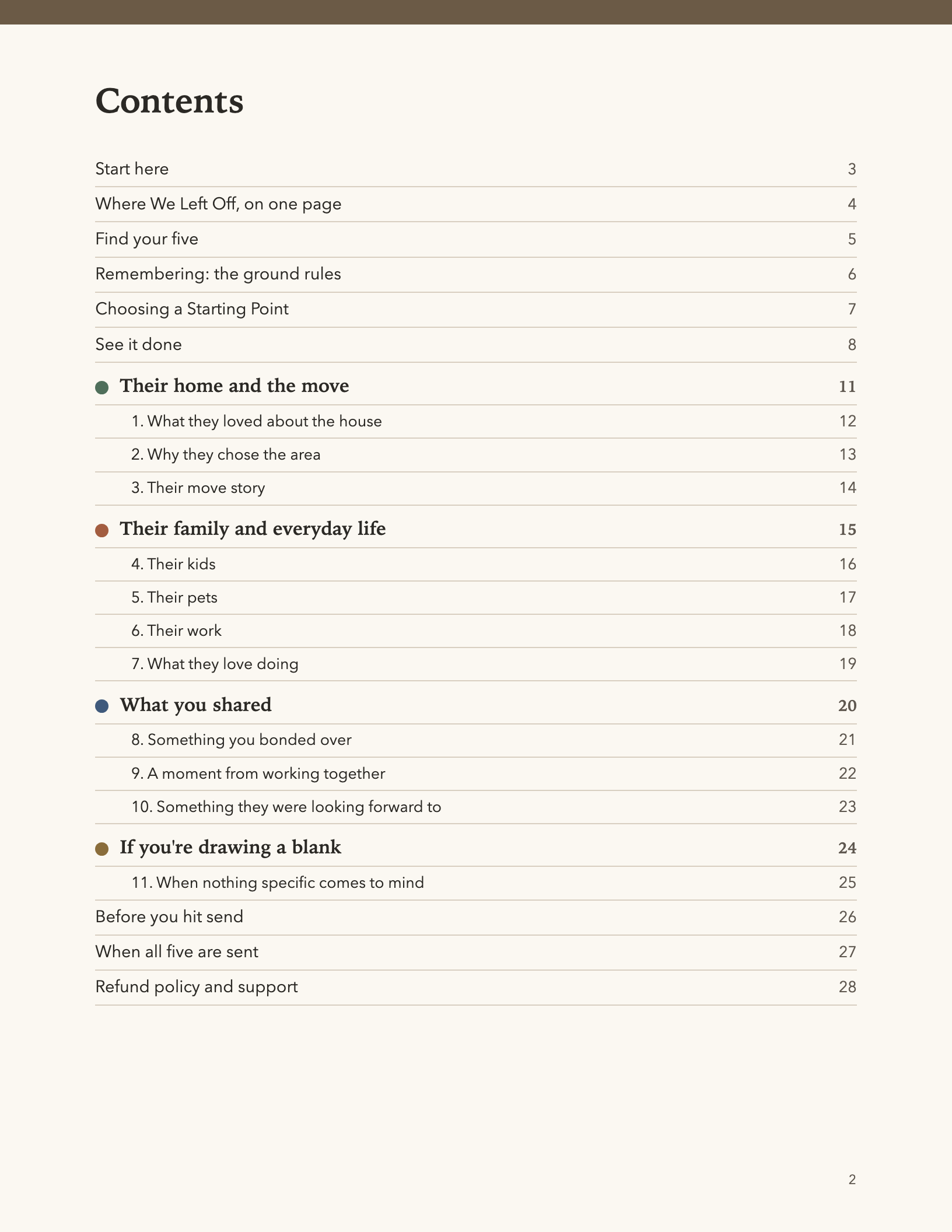 The contents page of the Where We Left Off guide, listing 11 Starting Points in four groups